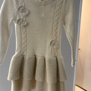 Girls' Cream Knit Tiered Dress with Bow Details